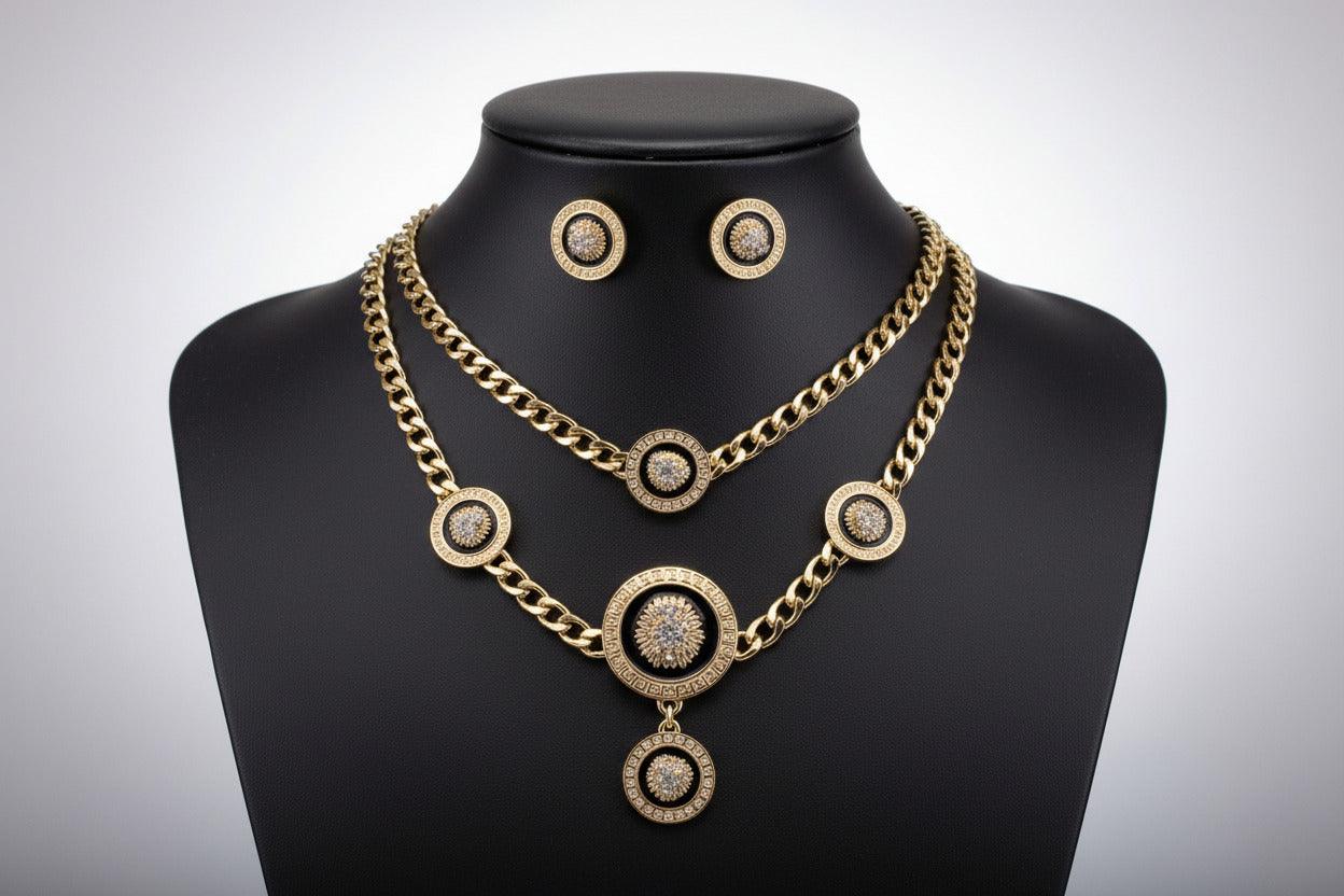 Bentix Brazilian Gold necklace, bracelet, ring, and earring set showcasing elegant gold and silver plated craftsmanship