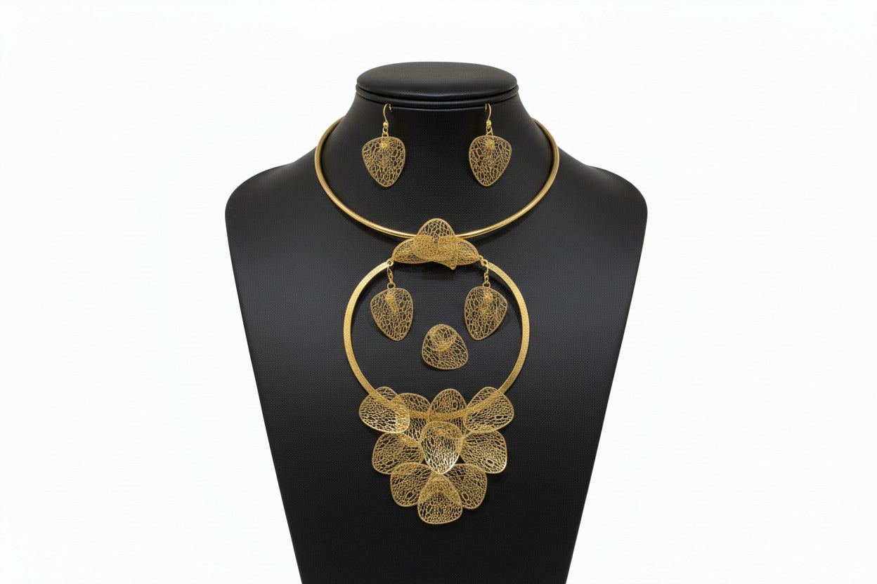 Bentix Brazilian Gold floral necklace set with gold and silver plating showcasing elegant Brazilian craftsmanship