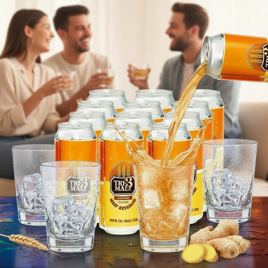 Pack of 12 TRI-3 Malt Drink Ginger cans, 440ml non-alcoholic malt beverage with vanilla and toasted flavors