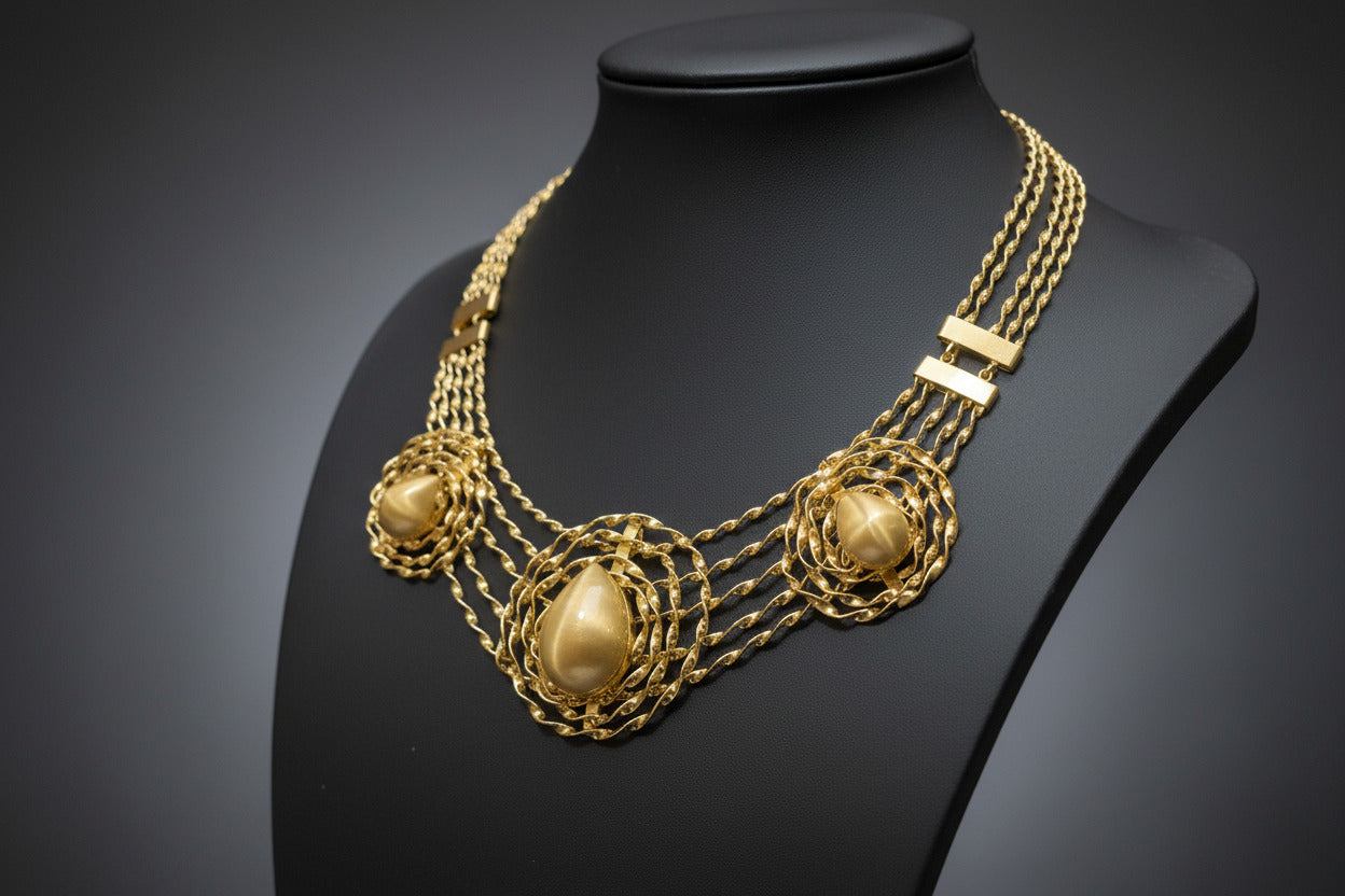 Bentix Brazilian Gold necklace, bangle, earrings, and ring set with spherical elements in gold and silver plating