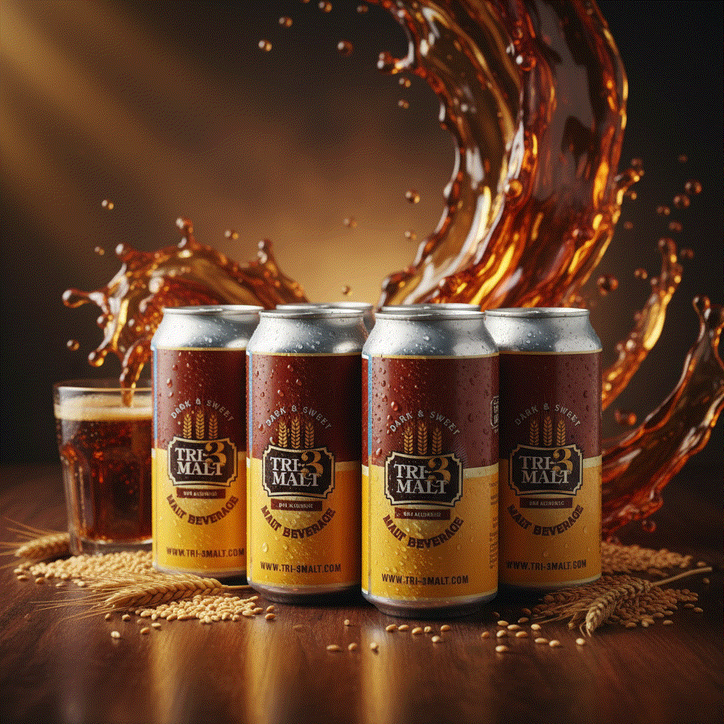 Pack of 6 TRI-3 Malt Drink cans, non-alcoholic African malt beverage with ginger and vanilla flavors, 440ml each.