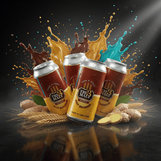 Pack of six TRI-3 Malt Drink cans with original, ginger, and vanilla flavors in 440ml size