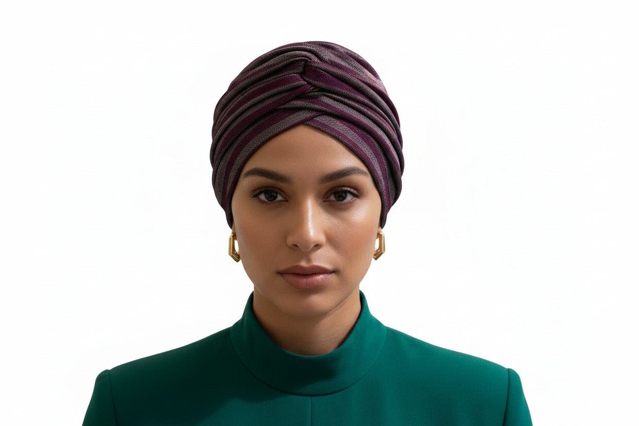 Nigerian turban with purple and white stripes for traditional celebrations