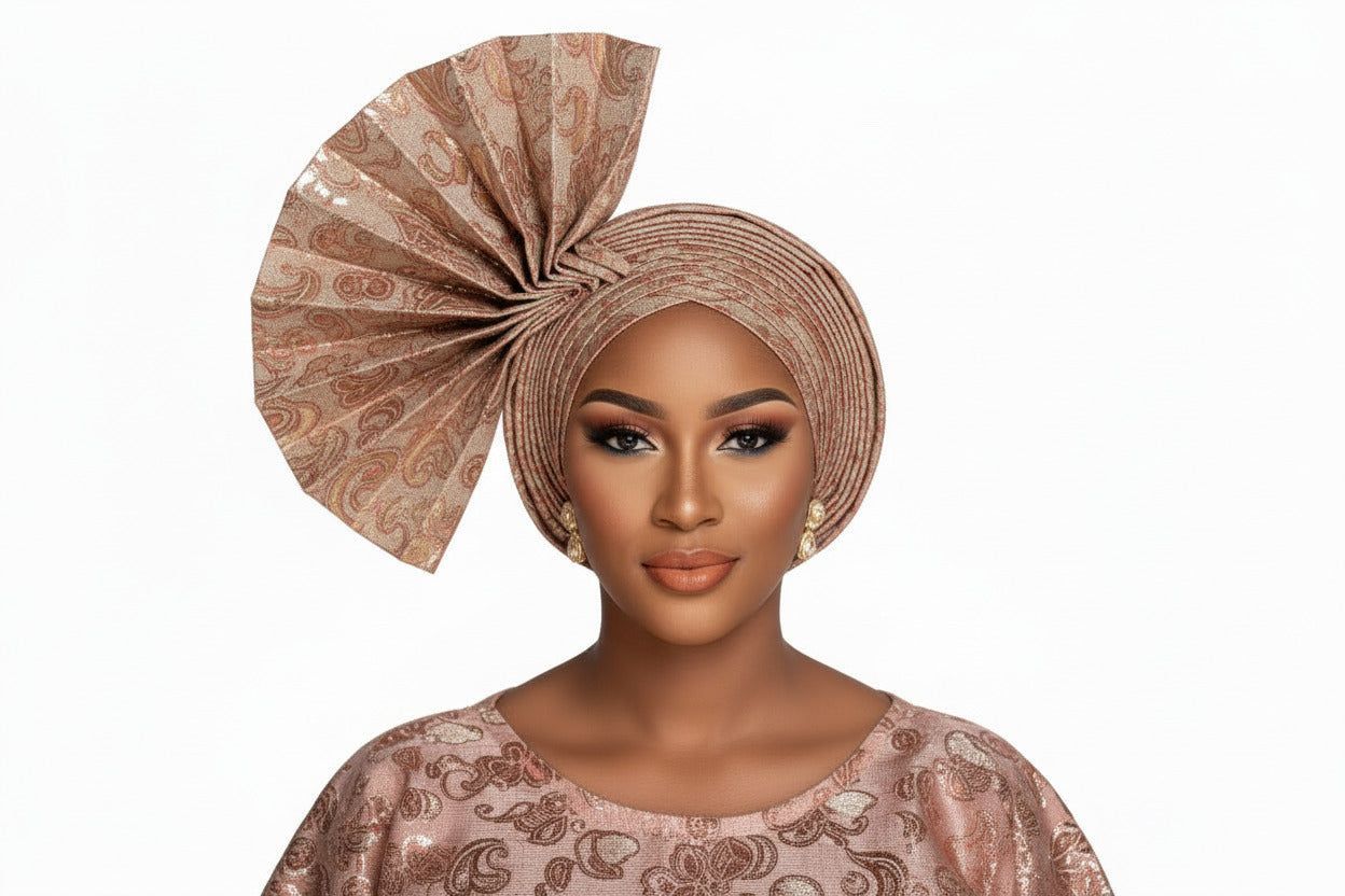 Nigerian Auto-Gele headtie in damask fabric for traditional celebrations