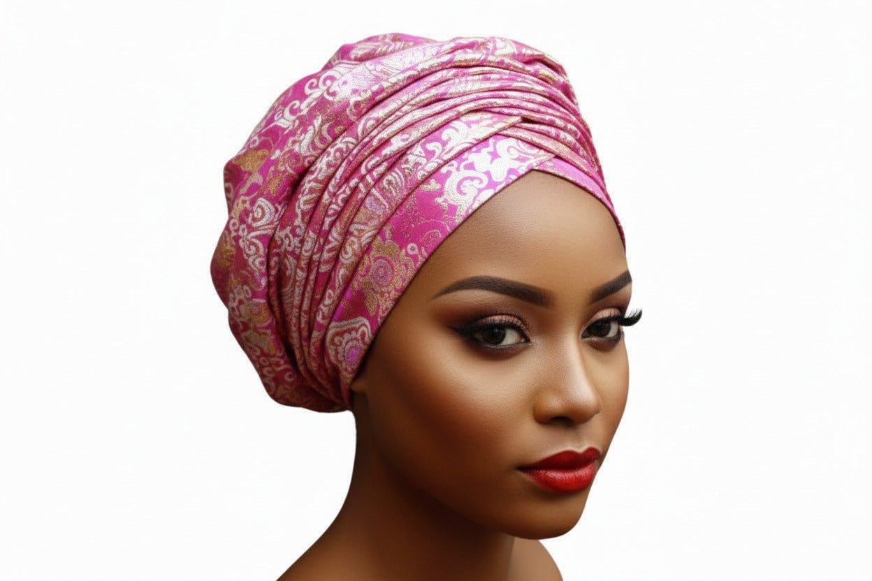 Nigerian Auto-Gele headtie in pink damask pattern for traditional celebrations