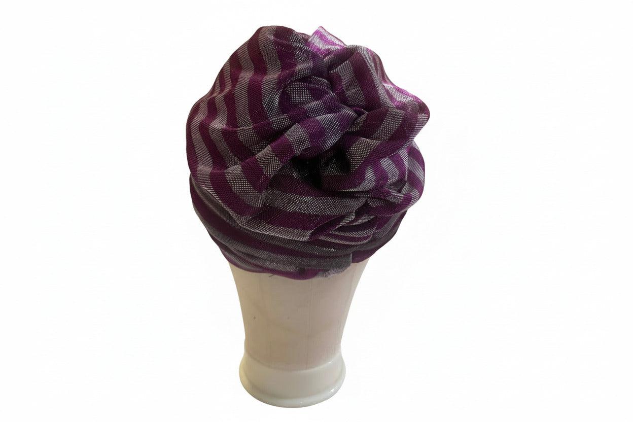 Nigerian Turban in purple and white striped auto-gele headtie for traditional celebrations